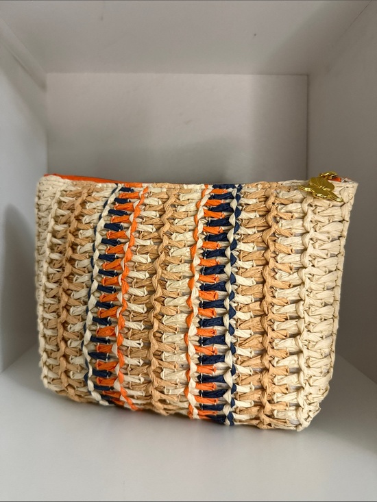 Handbags - Woven Straw Zip Top Pouch in Natural with Orange & Navy
